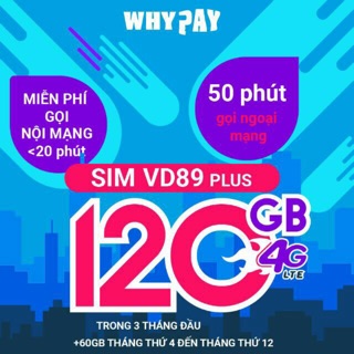 Sim 4G Vina VD89P 120Gb . TK chính 20k , Sim 10 số