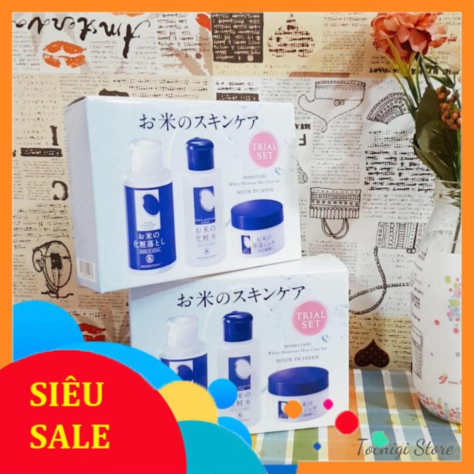 Giá Rẻ Nhất Set Mini Tẩy trang, Tonner, Kem dưỡng trắng da gạo hữu cơ MOMOTANI Meishoku Nhật Bản