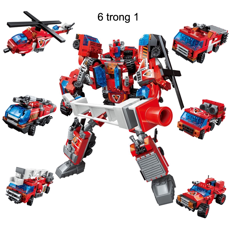 Bộ xếp hình đồ chơi lắp ráp mô hình siêu nhân robot từ khủng long đỏ trí tuệ 6 trong 1 cho bé thích khám phá