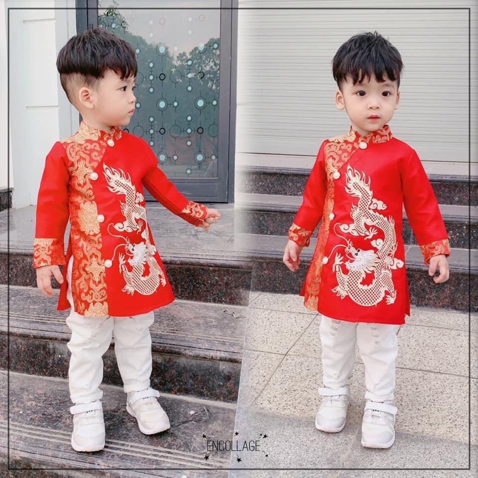 ÁO DÀI CÁCH TÂN TRẺ EM(7-25kg) hình Rồng thêu, bao chất thời trang và phong cách cho bé trai,ảnh thật ao dai thoi trang