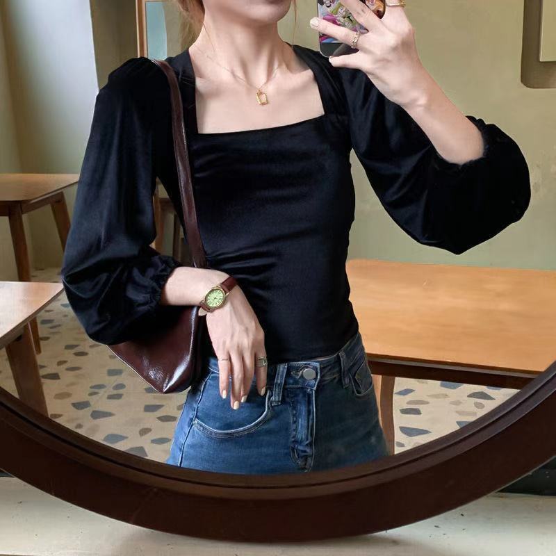 Áo Kiểu Nữ Velvet Square Neck Bubble Sleeve Slim Long Sleeve Women's New Korean Tops Fashion