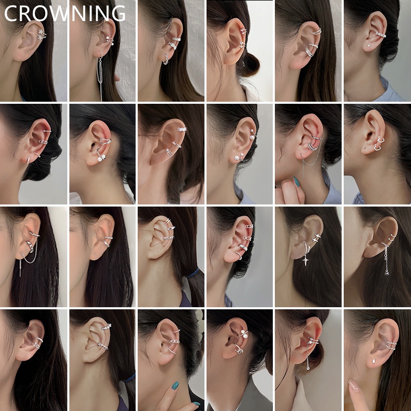 Khuyên Tai Dạng Kẹp Hai Lớp Đính Đá Zircon Không Xỏ Kiểu Hình Học Châu Âu Châu Âu Độc Đáo Cho Nữ F786