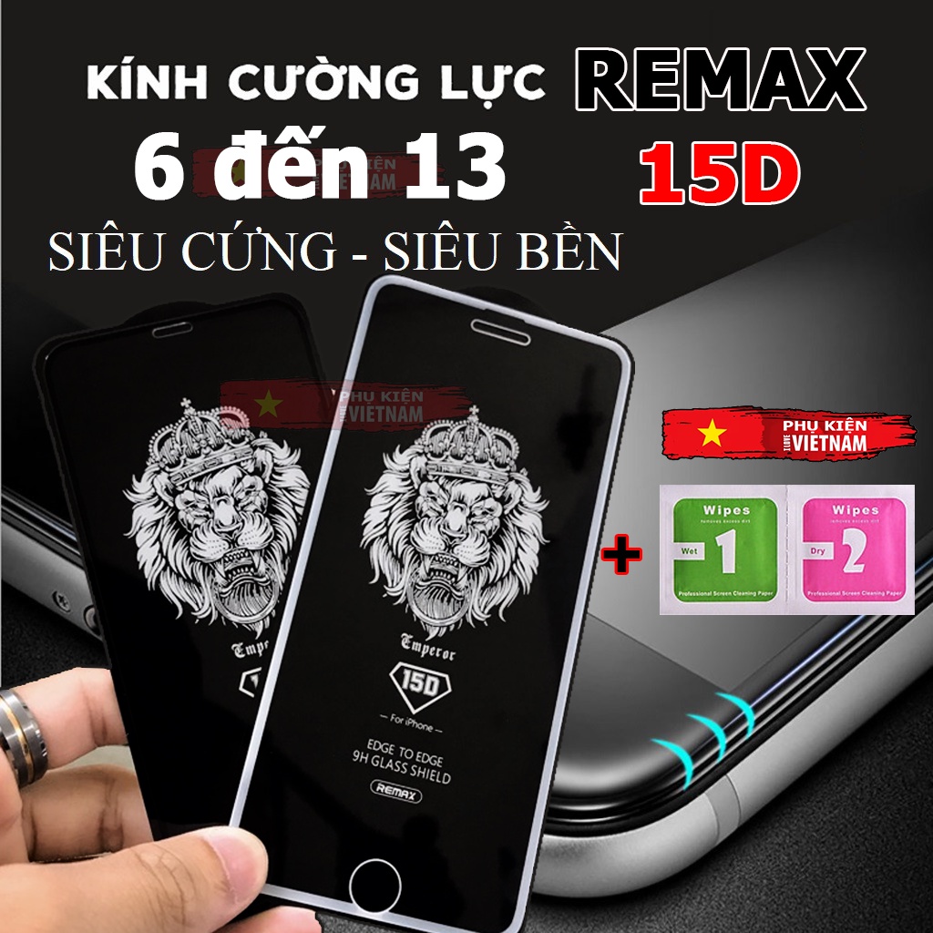 Kính cường lực full màn iphone hàng chất lượng cao Remax 15D dành cho 6/ 6s/ 7/ 8 plus/ x/ xsmax/ 11/ 12/ 13 promax