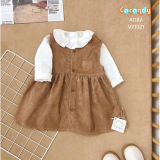 Set đồ cho bé -Yếm váy nhung nâu một túi, áo thun trắng cổ bèo cho bé của COCANDY mã VY102174, A118A
