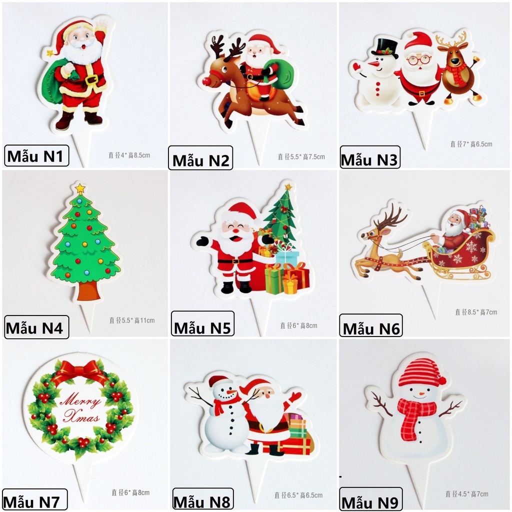 Túi 50 thẻ giấy trang trí bánh sinh nhật chủ đề Noel (in 2 mặt), trang trí bánh giáng sinh