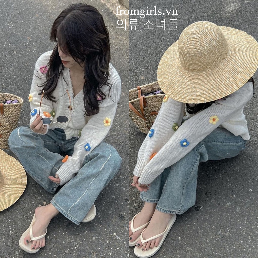Áo len cardigan hoa thêu nổi, áo cardigan len mỏng dáng lửng thêu hoa hot trend - AL22