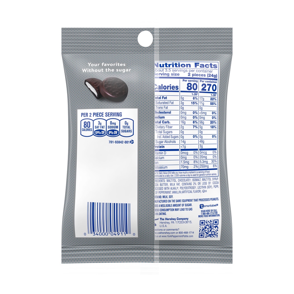 Kẹo Chocolate York không đường ăn kiêng Mỹ vị Peppermint gói 85g/USDA - Không Cholesterol & Sugar Free