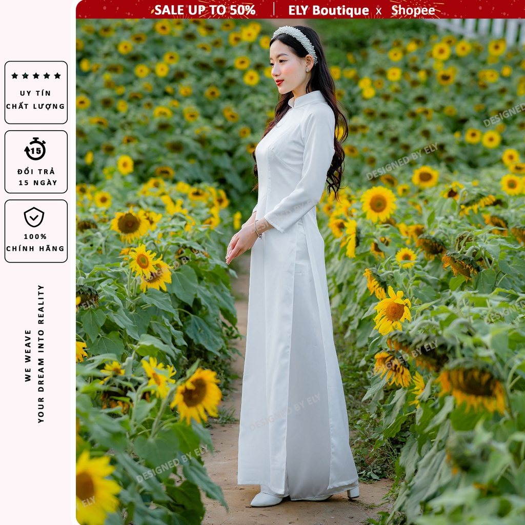 Áo dài trắng học sinh chất đẹp ELY Boutique lụa cao cấp không lộ đa dạng kiểu cổ