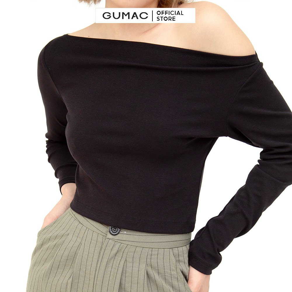 [Mã WABRGUD1 giảm 10% đơn 99K] Áo thun croptop nữ lệch vai GUMAC màu đen tay dài ATB5100