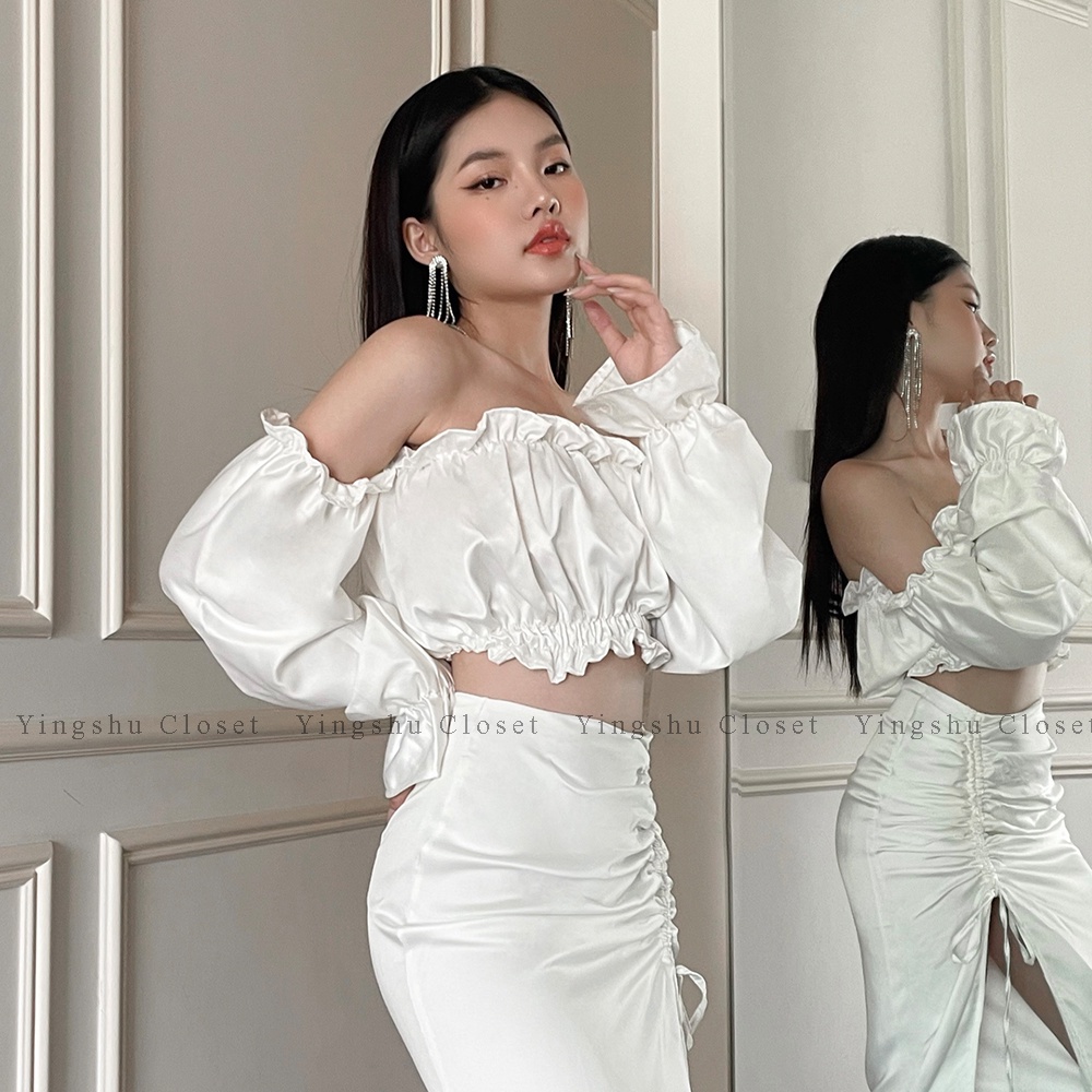 Áo croptop trắng cúp ngực tay dài