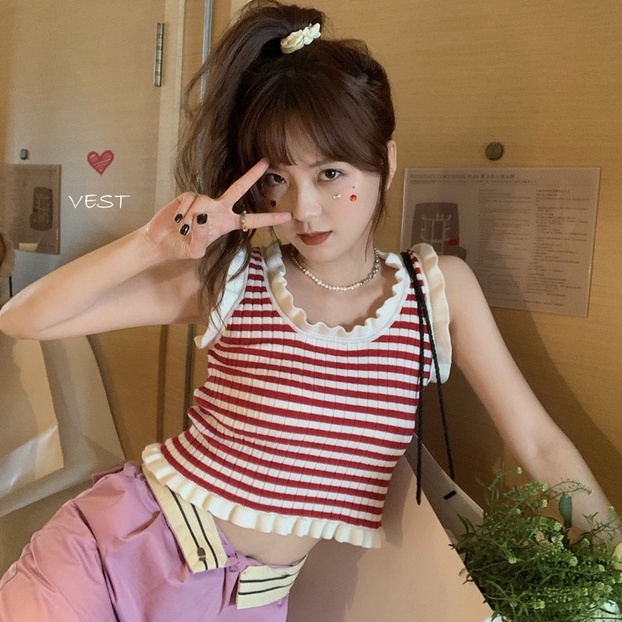 【ZHELIHANGFEI】 Áo Dệt Kim Hai Dây Dáng Ngắn Họa Tiết Kẻ Sọc