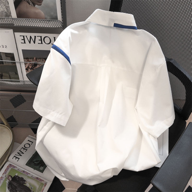 Áo Sơ Mi Tay Ngắn Dáng Rộng Phối Dây Chuyền Màu Sắc Tương Phản Phong Cách Nhật Bản Thời Trang Mùa Hè Cho Nam