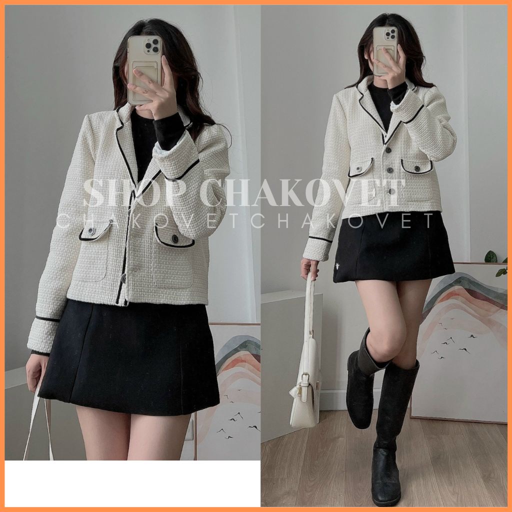Áo Khoác Dạ Tweed Tiểu Thư Siêu HOT A8430 Áo Dáng Ngắn Cổ Vest Viền Đen Thời Trang Thu Đông Cực Thanh Lịch Sang Chảnh