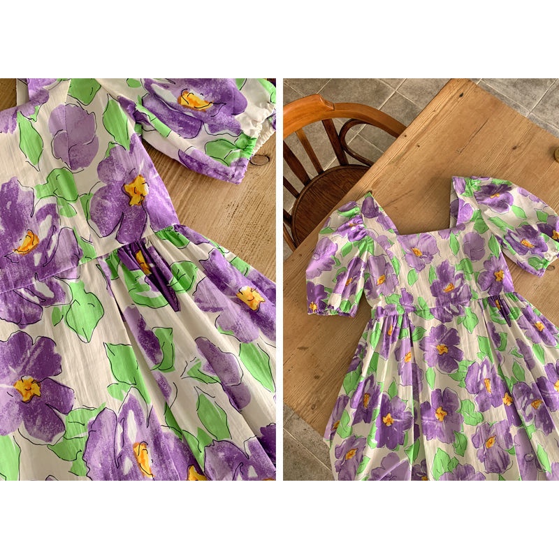 Đầm Chữ A Cổ Vuông Tay Phồng Dáng Rộng In Họa Tiết Kiểu Retro Pháp Thời Trang Mùa Hè Mới 2021