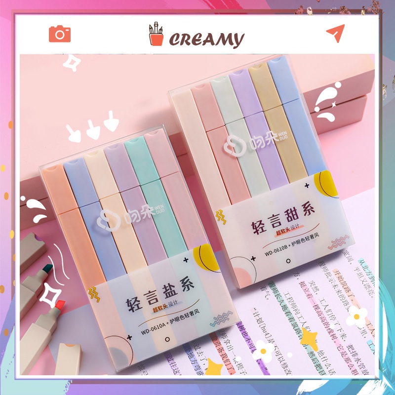 Bút bút đánh dấu nhớ dòng giá rẻ cute nhiều màu marker dễ thương, bút dạ quang 6 màu highlight pastel CREAMY BHL172