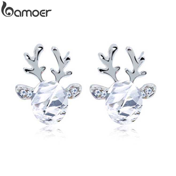 Khuyên tai BAMOER hình nụ bằng hợp kim hình nai sừng tấm đính đá dành cho dịp Giáng Sinh