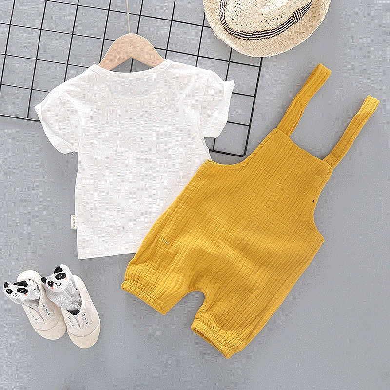 Set áo thun cotton ngắn tay và quần yếm đơn giản 2 món thời trang Hàn Quốc cho bé trai/bé gái 0-5 tuổi