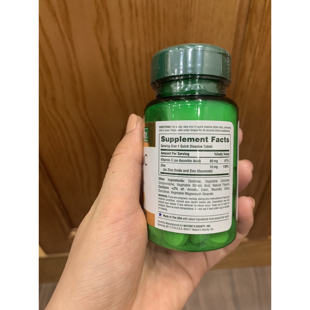 Vitamin C và Kẽm - Nature's Bounty - Tăng đề kháng, Tăng cường hệ miễn dịch - 60 viên