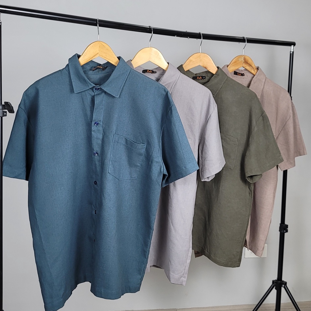 Sơ mi nam ngắn tay, sơ mi cộc tay trơn - hoạ tiết caro. Chất liệu cotton và linen mềm mại