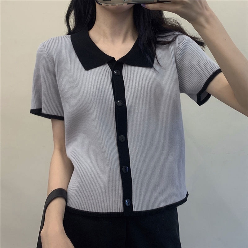 Áo Cardigan Dệt Kim Ngắn Tay Cổ V Cài Nút Màu Sắc Tương Phản Thời Trang Mùa Hè Cho Nữ