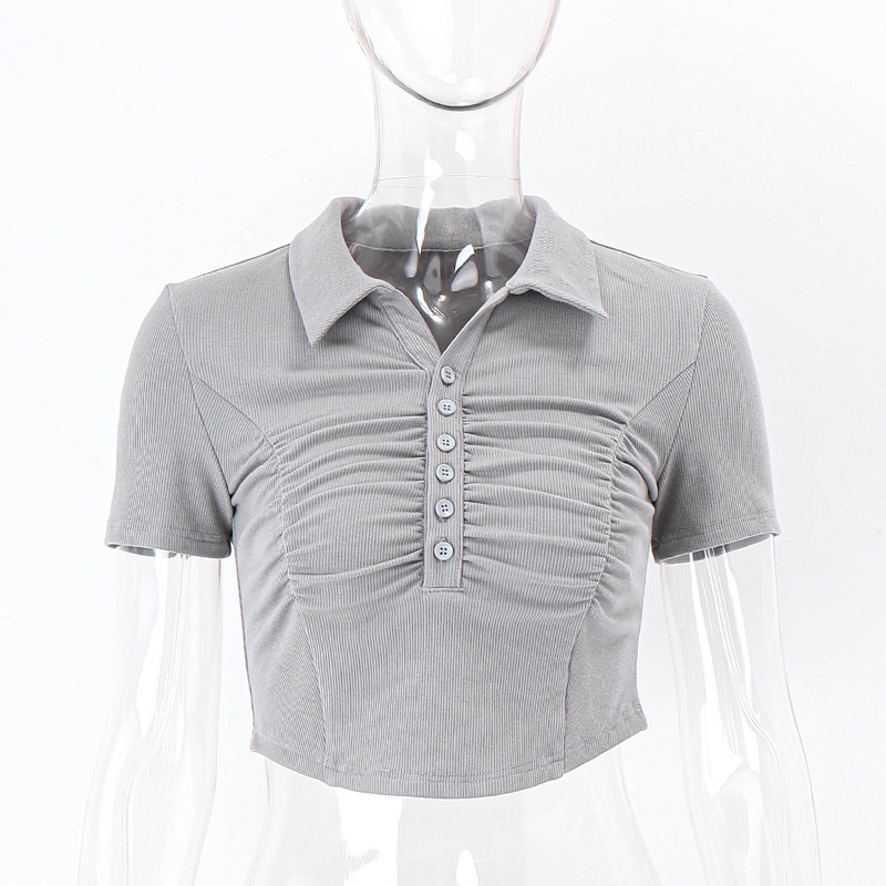 Áo Thun Tay Ngắn Cổ Bẻ Phối Hàng Nút Xếp Ly Thời Trang Đường Phố Cá Tính Cho Nữ