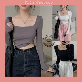 Áo Croptop Tay Dài Cổ Vuông 3 Màu Đen - Trắng - Nâu , Áo Croptop Nữ Phong Cách Hàn Quốc