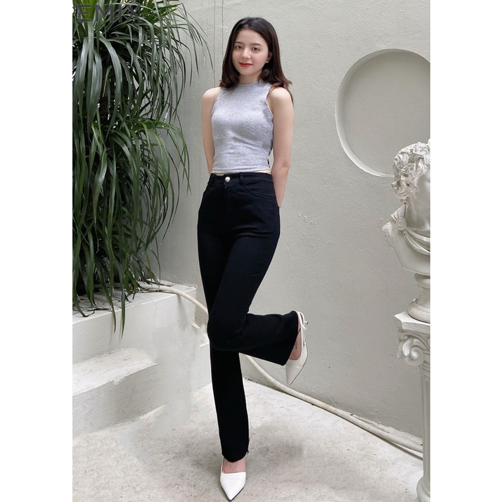 Quần jean trơn ống loe EMIX (màu đen), basic trousers, dáng dài 90cm, cạp cao, khóa giữa, ống ôm và loe, vải jeans 810