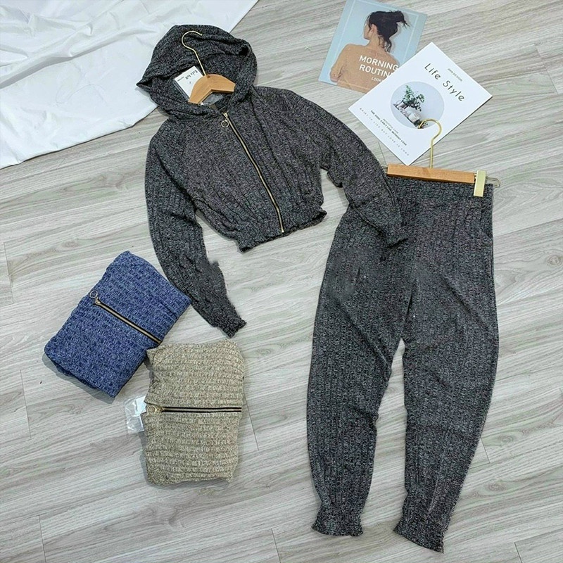 Set Đồ Nữ Len Dài Tay Mũ - 5 Mầu Vàng Xám Nâu Xám Xanh -  Hanlly Fashion - ĐB1