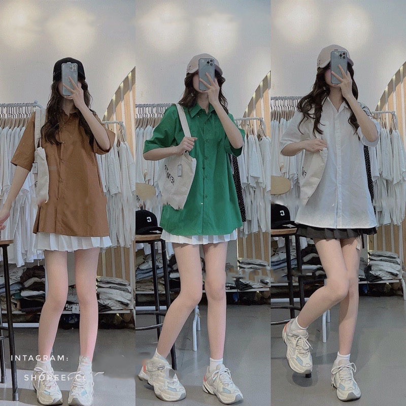 Áo sơ mi cộc tay unisex 3 màu túi ngực, form rộng, vải lụa thô thoáng mát, thời trang nữ Basic