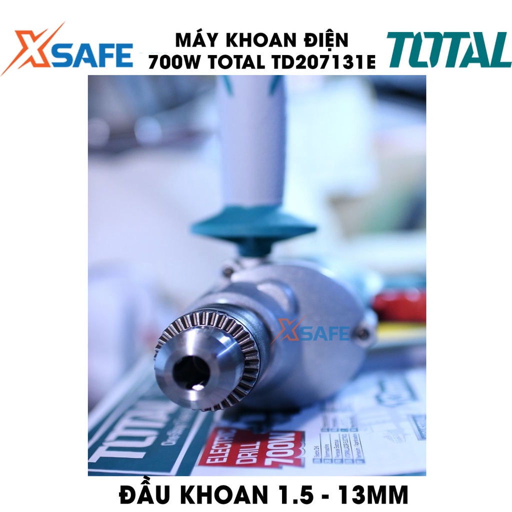 Máy khoan cầm tay TOTAL TD207131E công suất 700w, tốc độ 1200rpm, đầu khoan 1.5-13mm, khả năng khoan sắt 13mm, gỗ 25mm