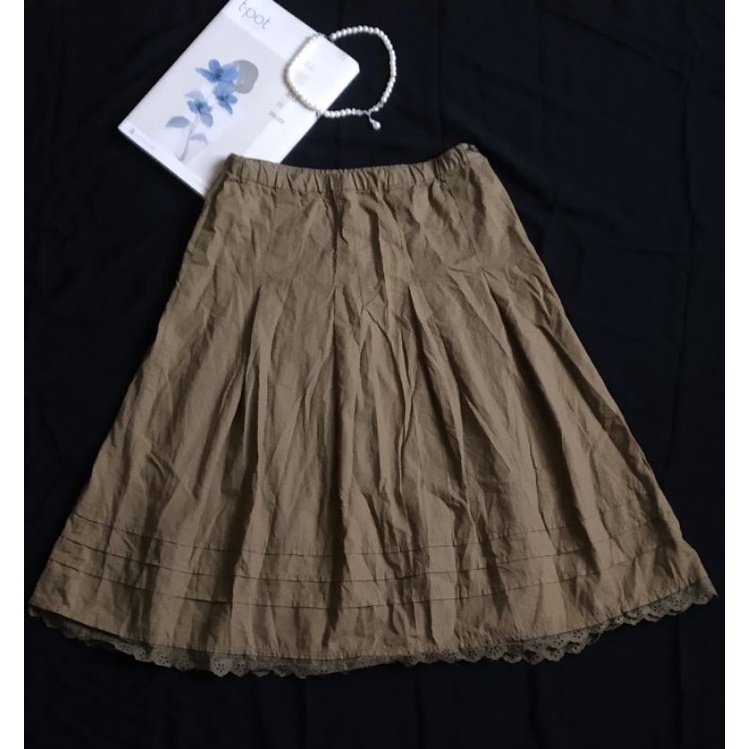 |2hand| Chân váy xoè chất thô linen nhật dáng dài viền ren thêu 3can4on