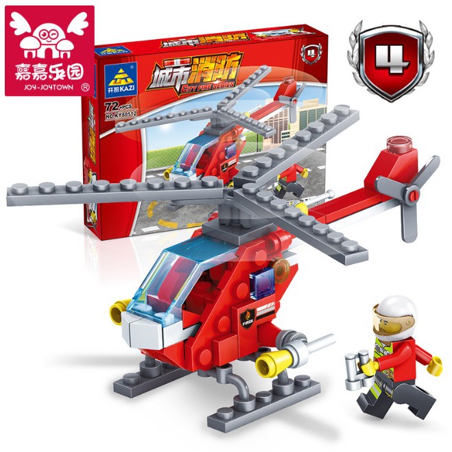 Bộ LEGO Xếp Hình Cứu Hỏa, Bộ 4 Hộp Trong 1 : Xe Thang, Xe Phun Nước, Tàu, Máy Bay Trực Thăng