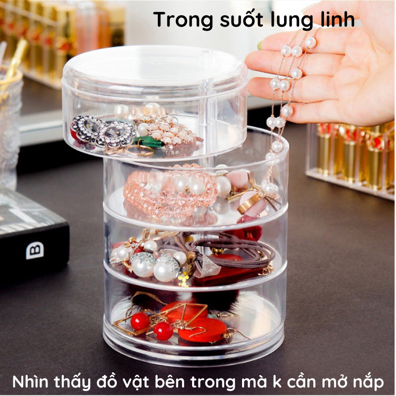 Hộp đựng trang sức trong suốt xoay 360 độ nhiều ngăn cao cấp sang trọng để phụ kiện nhỏ tiện lợi giá rẻ