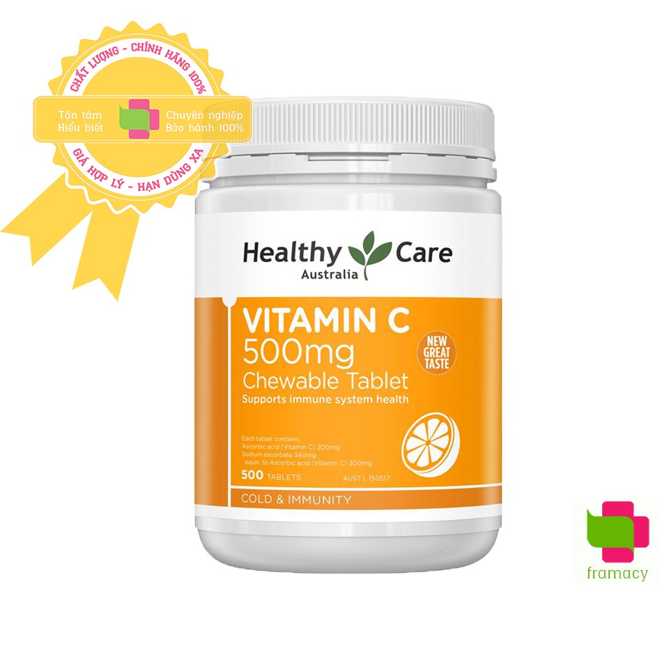 Viên uống Healthy Care Vitamin C 500mg, Úc (500v) tăng cường đề kháng, đẹp da cho người từ 2 tuổi trở lên