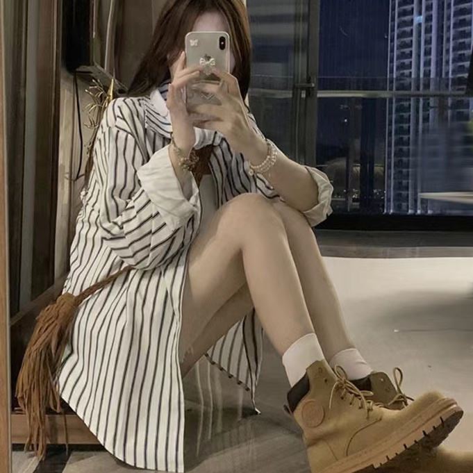 Áo sơ mi ZHELIHANGFEI tay dài dáng rộng họa tiết kẻ sọc thời trang dễ phối đồ cho nữ