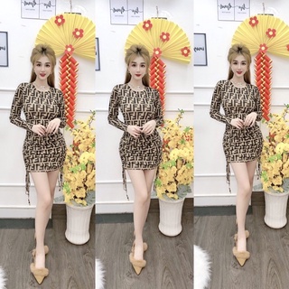 🔥 SALE🔥 Đầm body rút dây tay dài chữ FF / Váy body rút dây dự tiệc sang chảnh FF