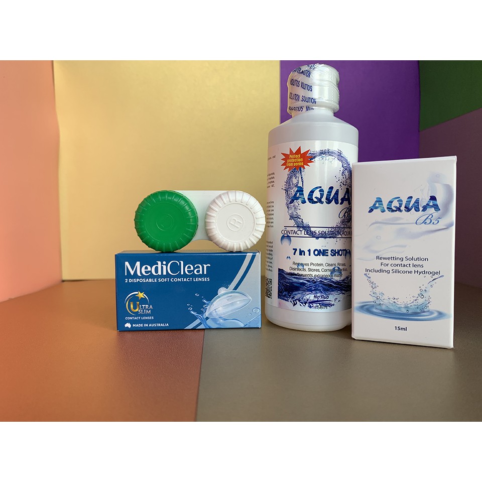 SET GỒM 1 cặp kính áp tròng không màu Úc Mediclear+Ngâm kính áp tròng 150ml AQUA B5 HÀN