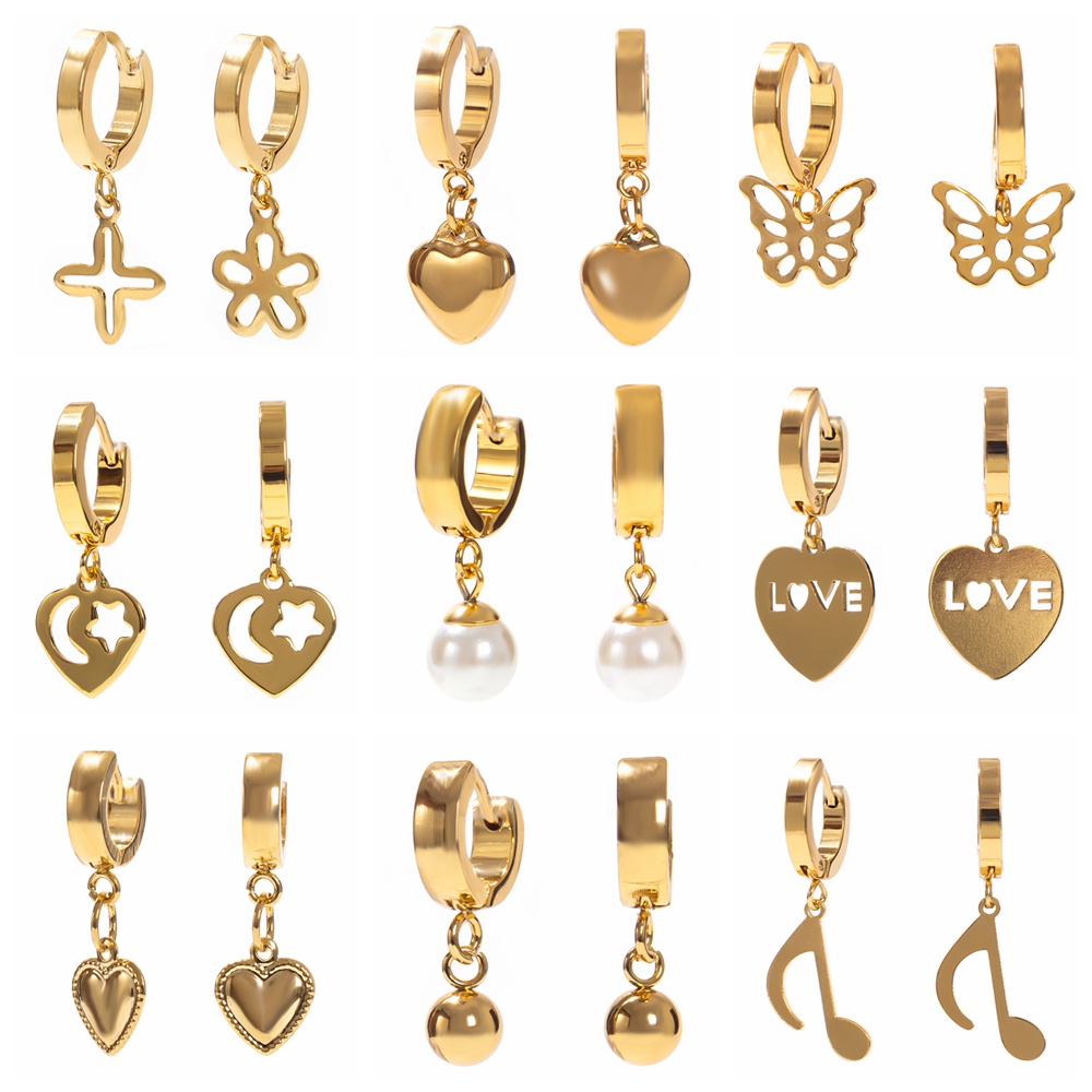 Bông Tai Thời Trang Hình Thánh Giá/Trái Tim Bằng Thép Titan Vàng 18K Cho Nữ