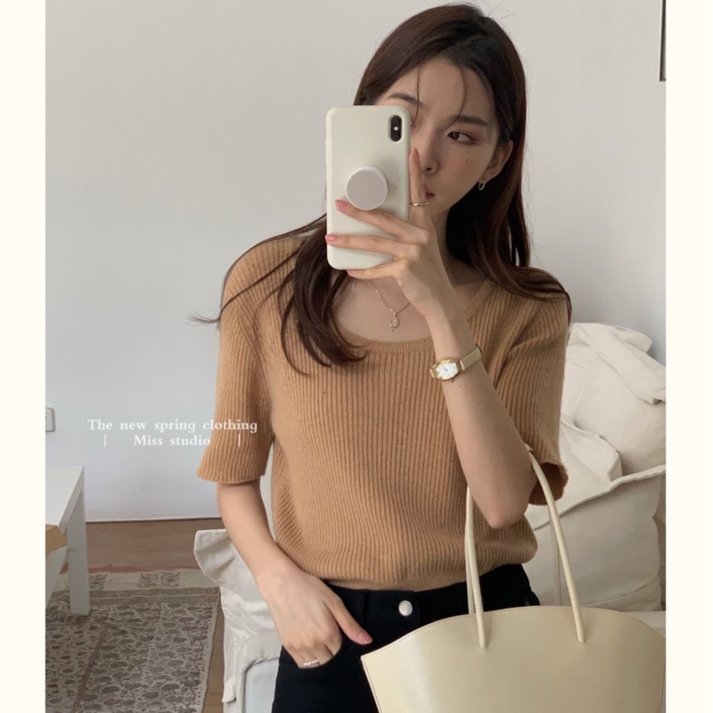 Áo Thun Dệt Kim Ngắn Tay Cổ Tròn Dáng Rộng Thời Trang Mùa Hè Cho Nữ