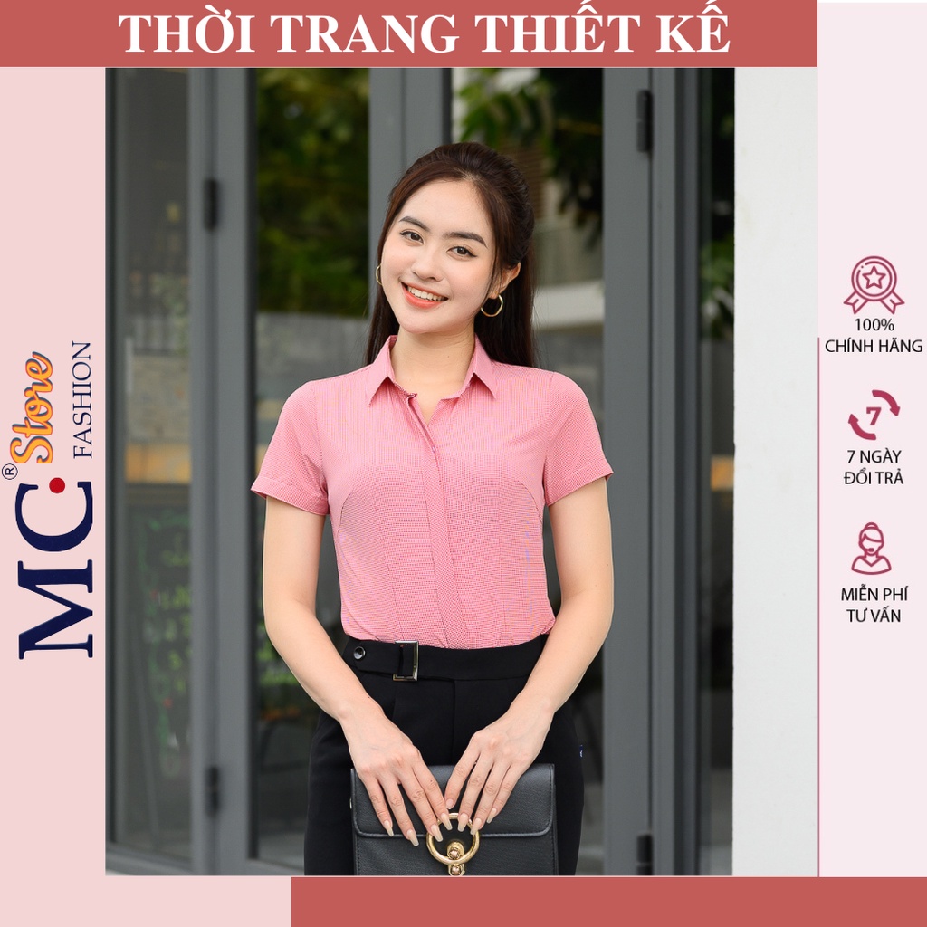Áo Sơ Mi Nữ Công Sở Mc Fashion, Họa Tiết Kẻ Sọc Caro, Tay Ngắn Cộc, Màu Hồng, Cam, Xanh A645, Nâu, Đẹp