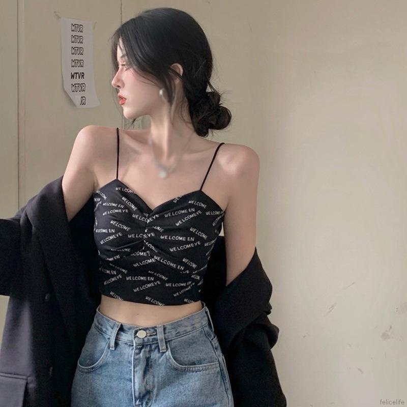 Áo hai dây dáng ôm in chữ thời trang mùa hè gợi cảm dành cho nữ