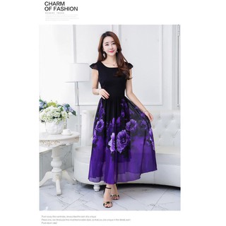 Đầm maxi hoa cổ tròn sang chảnh QC