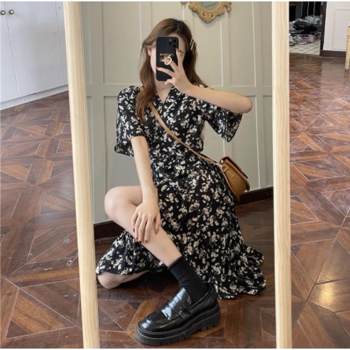 Đầm Chiffon Cổ Chữ V In Họa Tiết Hoa Phong Cách Pháp Cổ Điển Thời Trang Mùa Hè 2022 Mới Cho Nữ