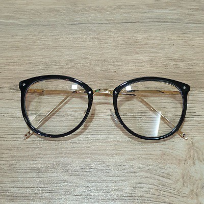 Mắt Kính Giả Cận Gọng Kim Loại Màu Bạc Nhiễn Khung Tròng Viền Nhựa Đen Phom Tròn Ngang 13cm