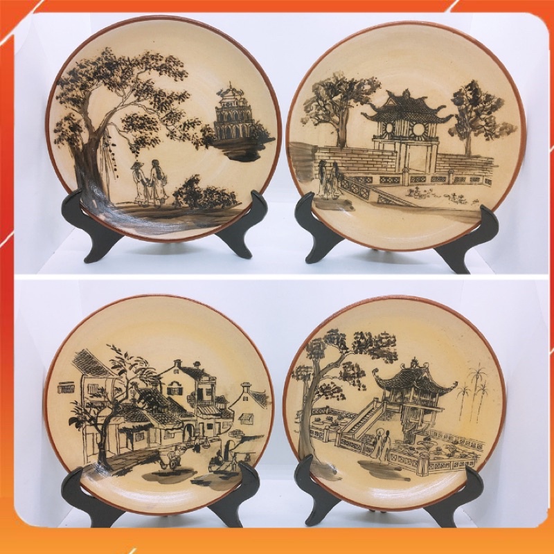 Đĩa cảnh hà nội- gốm sứ men mộc bát tràng- đĩa để bàn- quà tặng- tranh treo tường