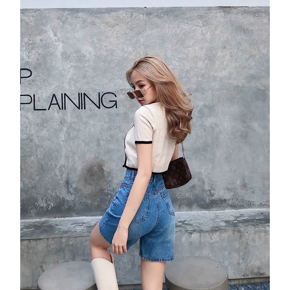 Quần Sọt Jeans Ngố Lửng Ống Rộng Nữ Chất Bò Lưng Cao ULZZANG