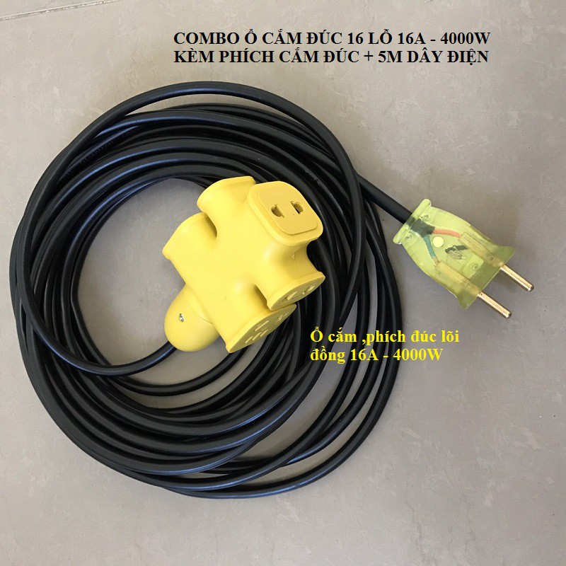 Cuộn Dây điện chính hãng 5m dây kèm ổ cắm đúc ,có đèn phích cắm không vở siêu chặt siêu bền 16A4000w