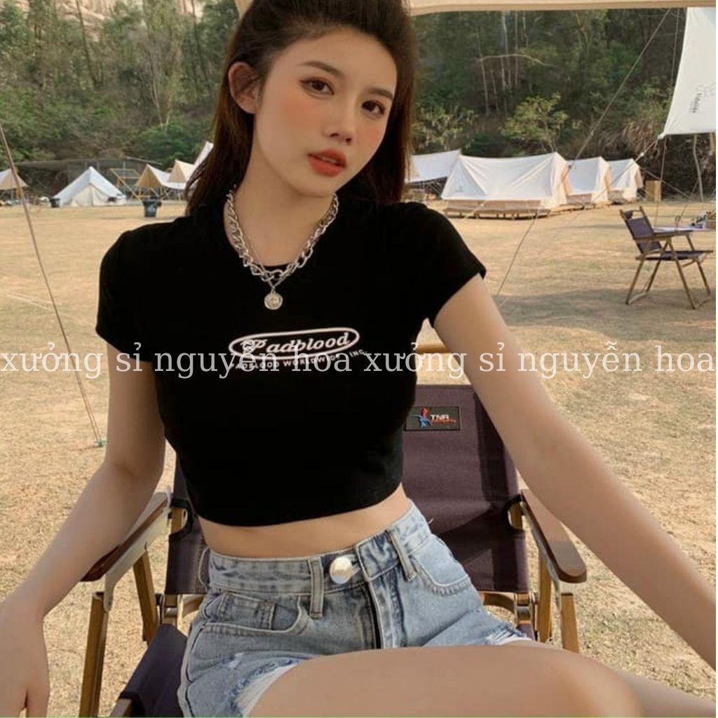 Áo croptop nữ padblook ngắn tay ôm body 2 màu trắng đen siêu hot hit Xưởng Sỉ Nguyễn Hoa