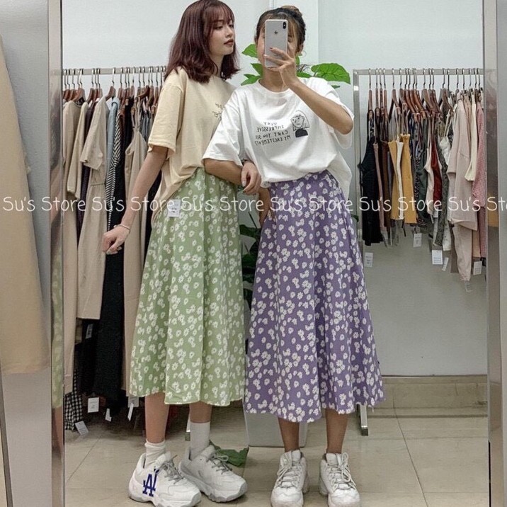 Chân váy xòe nữ dáng dài họa tiết hoa cúc hot trend chất voan lụa cạp chun co giãn tốt | BigBuy360 - bigbuy360.vn