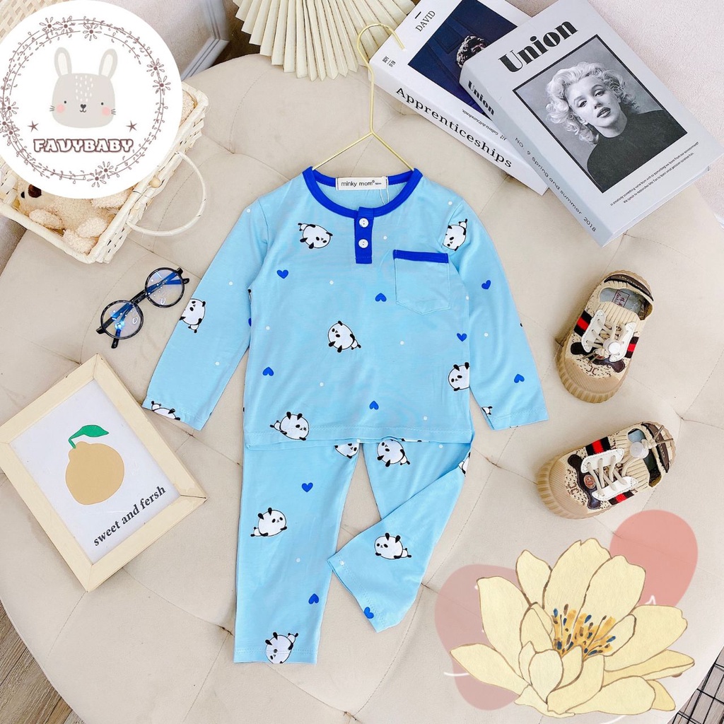 Bộ Dài Tay Bé Trai Bé Gái MINKY MOM Chính Hãng Thun Lạnh Có Nút Và Túi Hình In Gấu Cừu Cho Bé 0 1 2 3 4 5 Tuổi-Favybaby